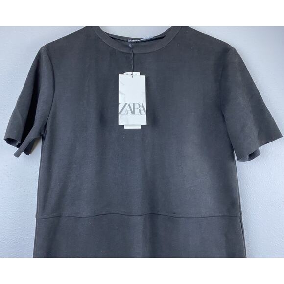 NWT Zara Sz S Faux Suede Black Shift Dress Short Slv Gold Buttons - Picture 5 of 12